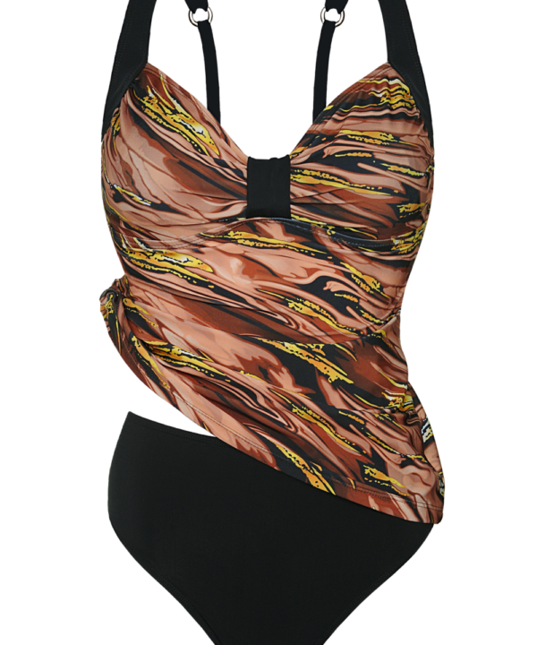 TANKINI ESTAMP. ABSTRACTO EN DIAGONAL CON BOMBACHA LISA.