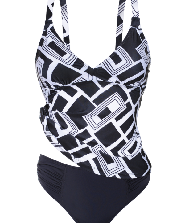 TANKINI ESTAMP. BICOLOR C/BOMBACHA DRAPEADA EN LATERALES.