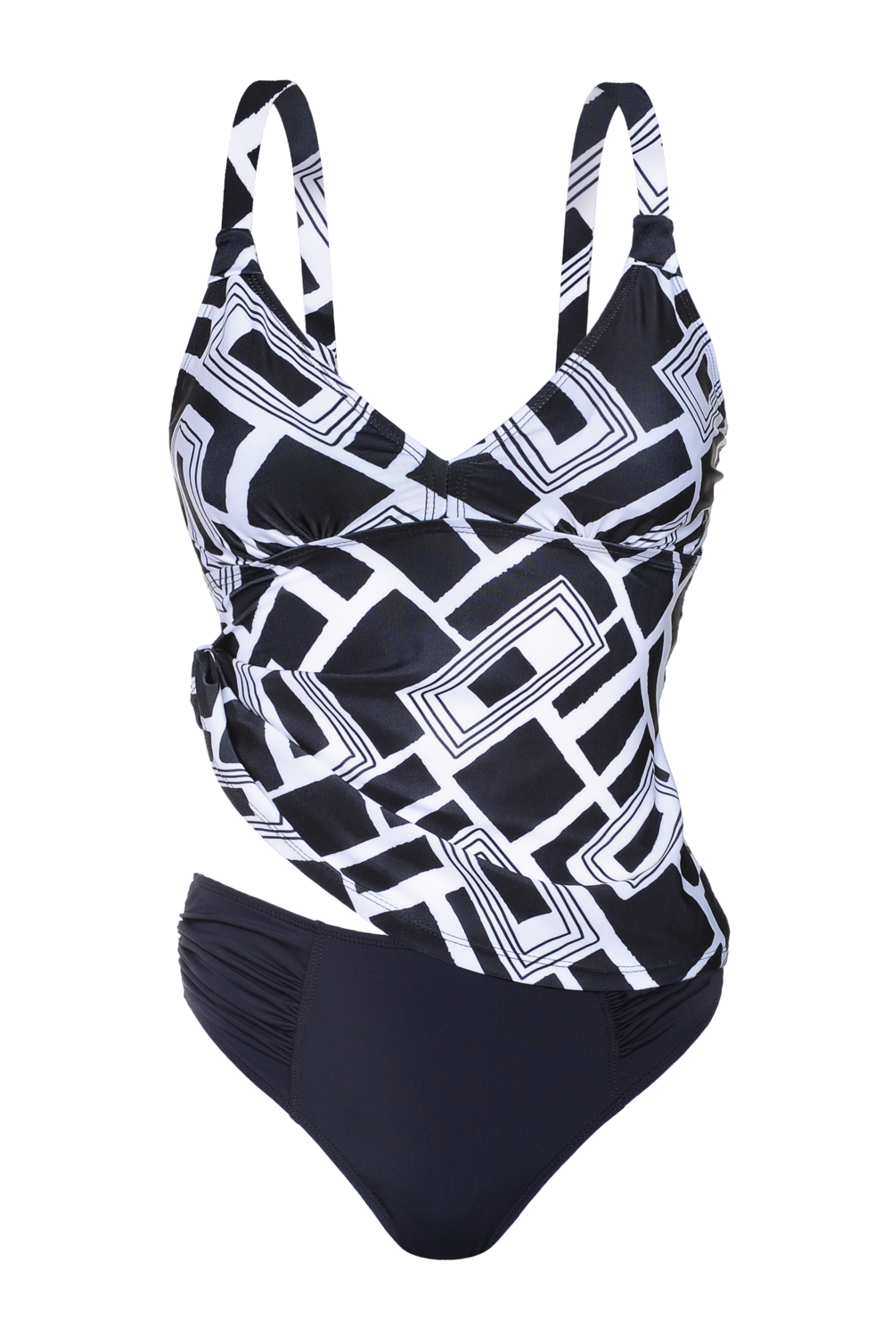 TANKINI ESTAMP. BICOLOR C/BOMBACHA DRAPEADA EN LATERALES.