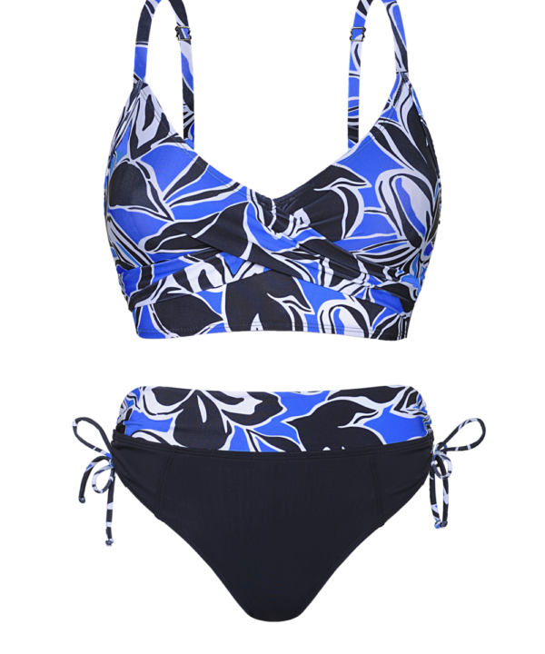 BIKINI ESTAMP. BICOLOR Y BOMBACHA LISA C/FAJA ESTAMPADA Y DRAP. LATERAL.
