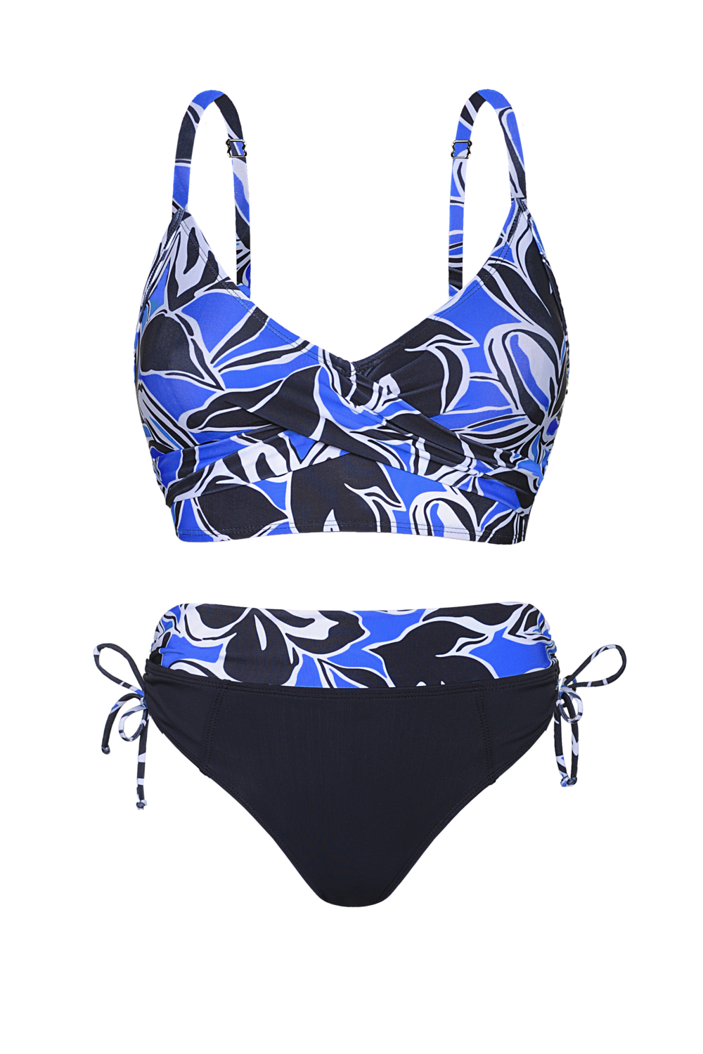 BIKINI ESTAMP. BICOLOR Y BOMBACHA LISA C/FAJA ESTAMPADA Y DRAP. LATERAL.