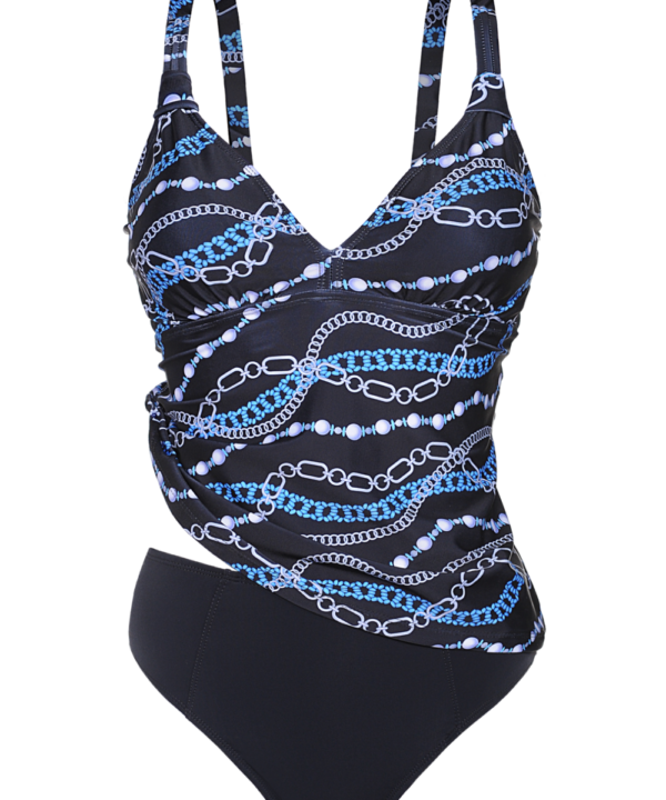 TANKINI ESTAMP. C/RECORTE BAJO BUSTO Y BOMBACHA LISA.