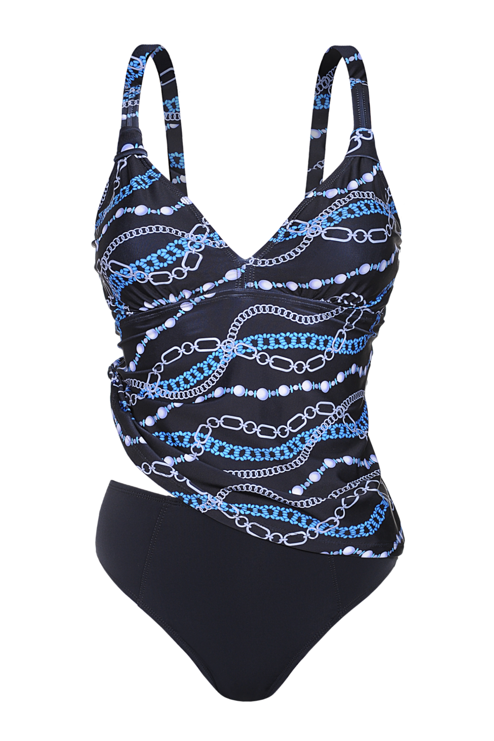 TANKINI ESTAMP. C/RECORTE BAJO BUSTO Y BOMBACHA LISA.