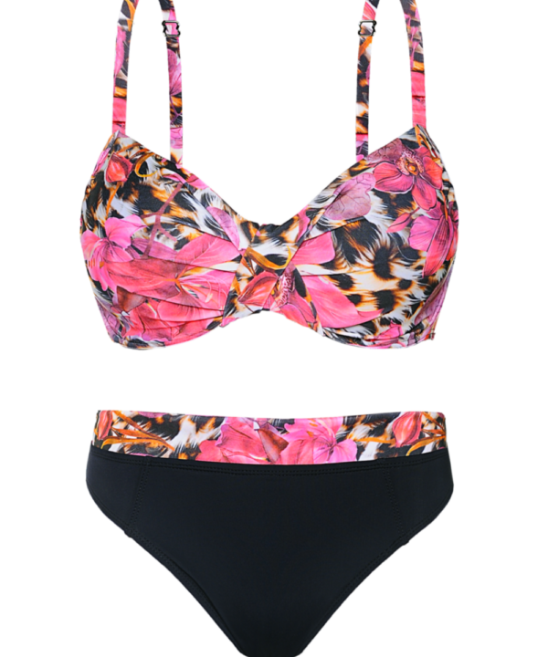 BIKINI ESTAMPADA CON FLORES EN ANIMAL PRINT Y BOMBACHA COMB. C/LISO.