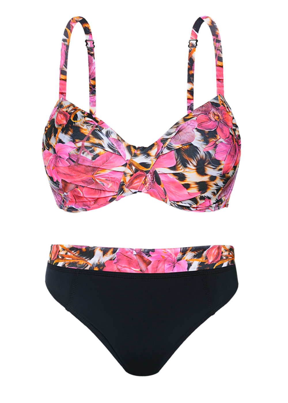 BIKINI ESTAMPADA CON FLORES EN ANIMAL PRINT Y BOMBACHA COMB. C/LISO.