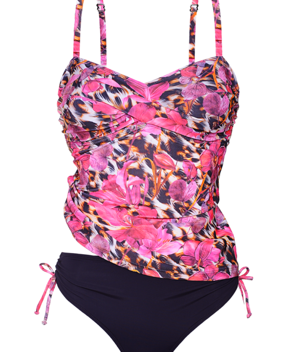 TANKINI ESTAMPADA EN FLORES C/ANIMAL PRINT. BOMBACHA LISA Y LAZOS.